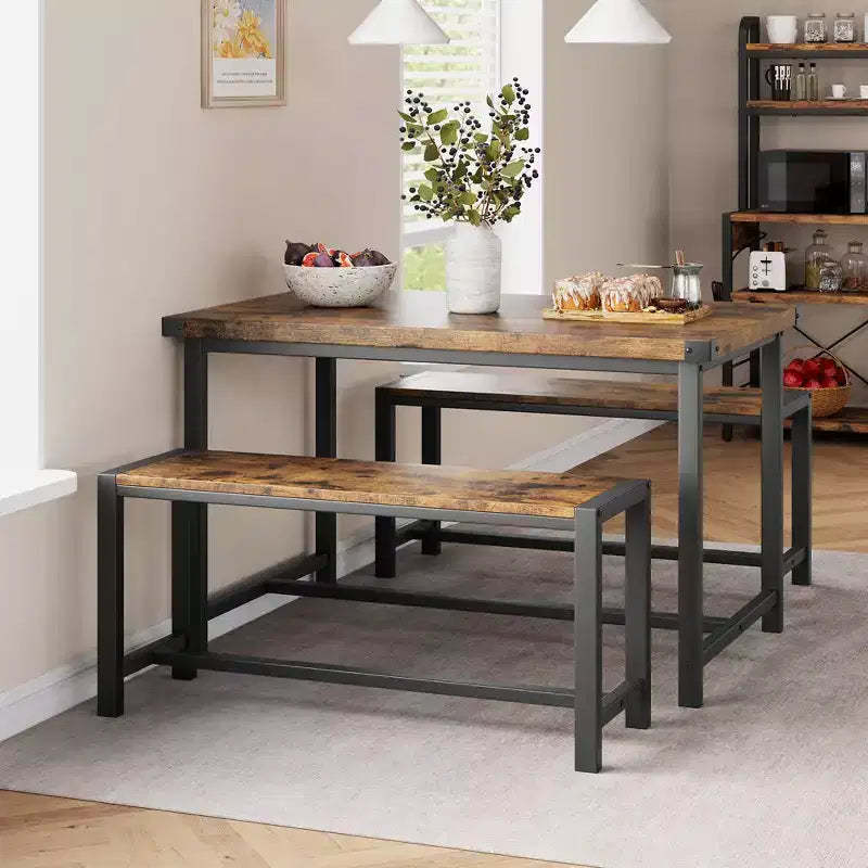 Garvee Dining Table Set for 4, Kitchen Table with 2 Benches, 3 Piece Dining Table Set for Small Space, Apartment, Studio, Rustic Brown
