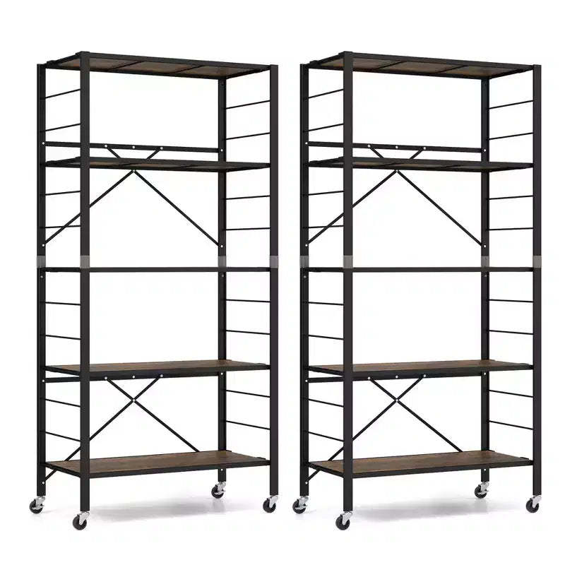 Costway 2 PCS 5-Tier Folding Shelf Free DIY Design Shelving Unit with 4 Universal Wheels Black/Natural