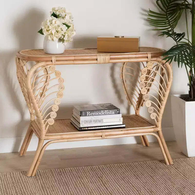 bali & pari Bastet Modern Bohemian Natural Brown Rattan 2-Tier Console Table