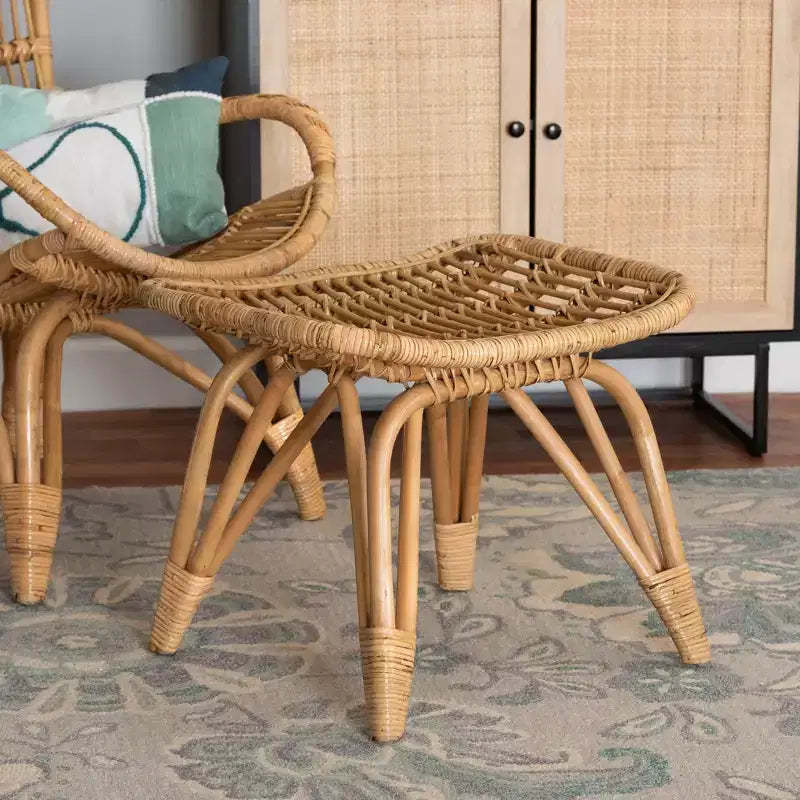 bali & pari Earvin Modern Bohemian Natural Brown Rattan Footstool