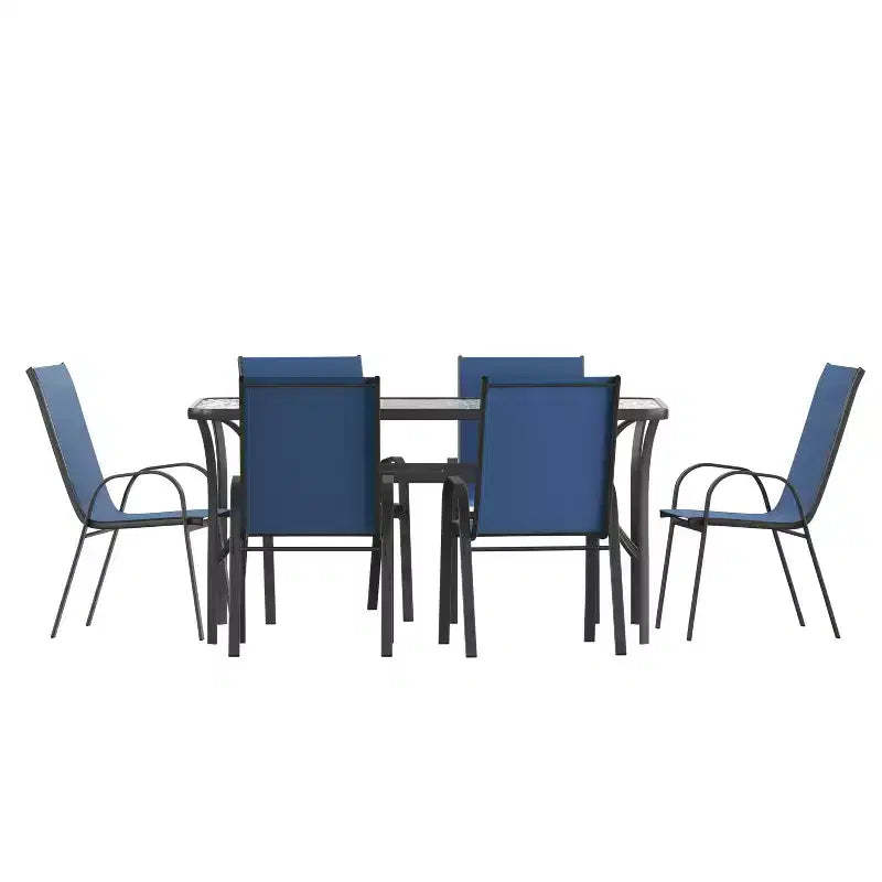 Flash Furniture Brazos 7 Piece Commercial Grade Patio Dining Set with Tempered Glass Patio Table and 6 Chairs with Flex Comfort Material Seats and Backs
