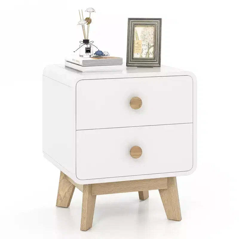 Costway 1/2 PCS Nightstand Mid Century Modern Bedside Table with 2 Drawers Solid Rubber Wood Legs White
