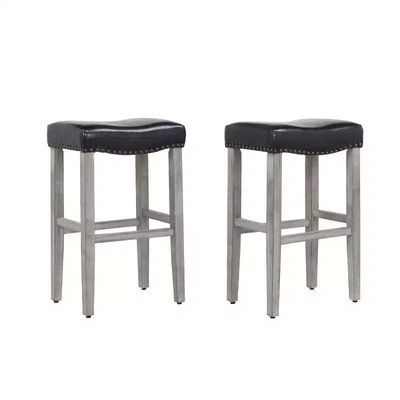 WestinTrends 29 Upholstered Saddle Seat Bar Stool (Set of 2), Antique Gray/Black