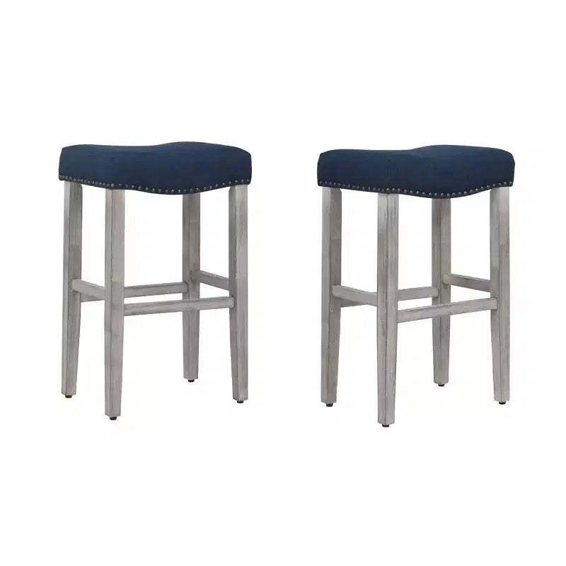 WestinTrends 29 Upholstered Saddle Seat Bar Stool (Set of 2), Antique Gray/Navy Blue