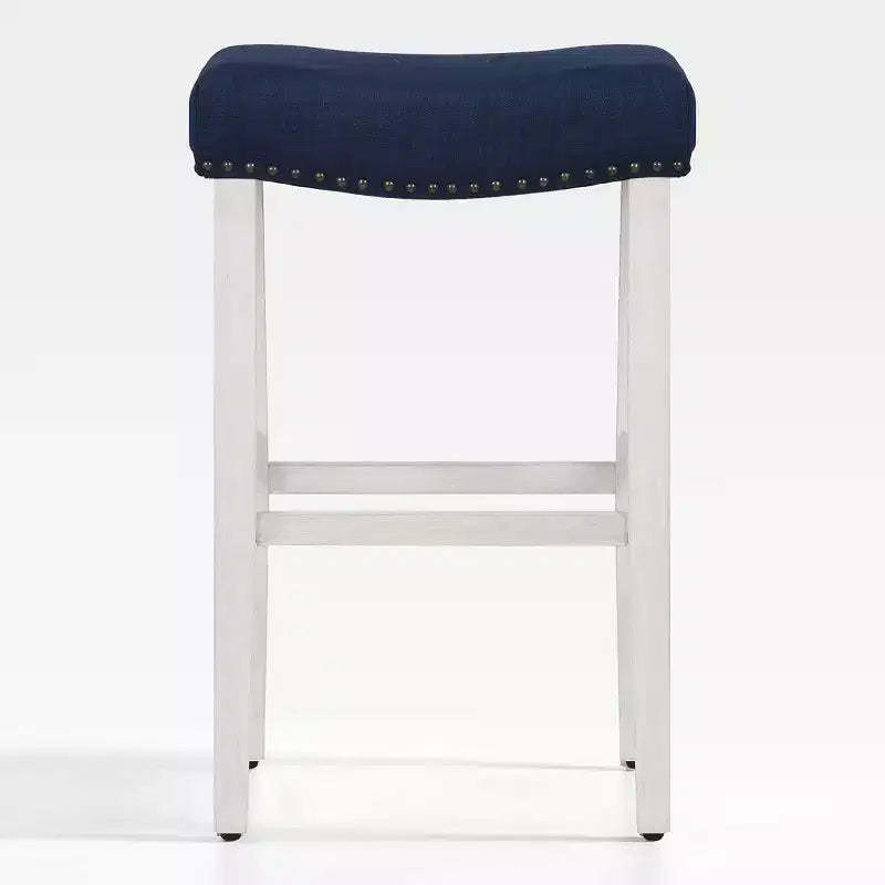 WestinTrends 29 Upholstered Backless Saddle Seat Bar Stool, Antique White/Navy Blue