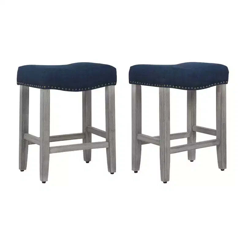 WestinTrends 24 Upholstered Saddle Seat Counter Stool (Set of 2), Antique Gray/Navy Blue