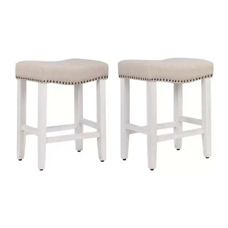 WestinTrends 24 Upholstered Saddle Seat Counter Stool (Set of 2), Antique White/Beige