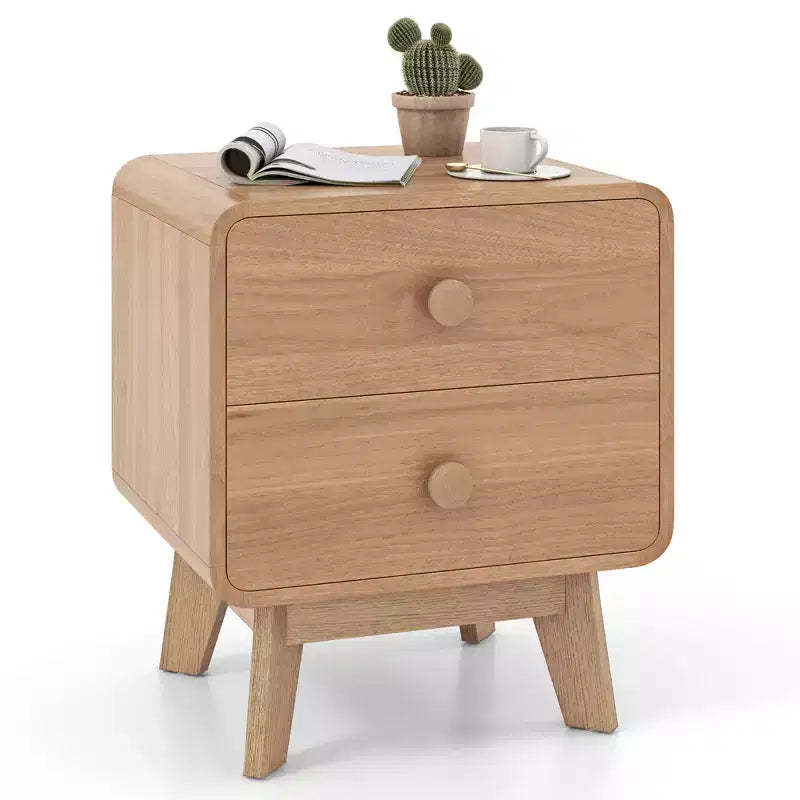 Costway 1/2 PCS Modern Style 2-Drawer Nightstand Bedside Table with Solid Rubber Wood Legs Brown