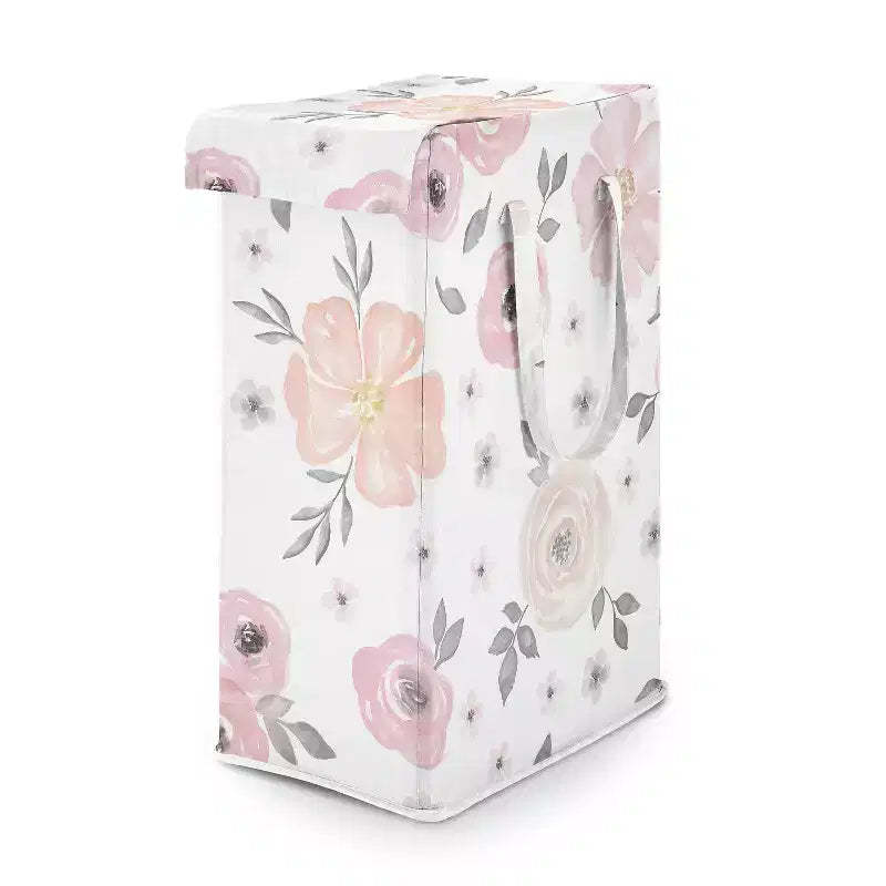 Sweet Jojo Designs Girl Foldable Laundry Hamper with Handles Watercolor Floral Pink and Grey