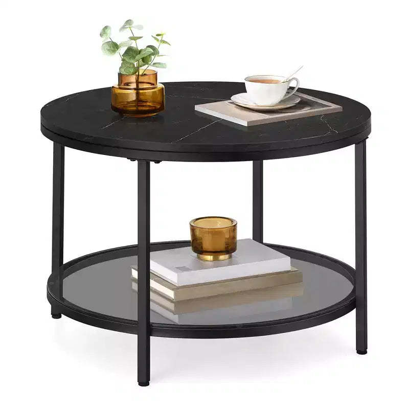 VASAGLE Round Coffee Table, Small Coffee Table with Faux Marble Top and Glass Storage Shelf, 2-Tier Circle Coffee Table