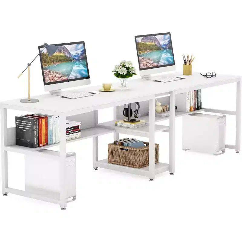 Lantine Two Person Desk with Bookshelf, 78.7 Computer Office Double Desk, Writing Desk Workstation with Shelf for Home Office
