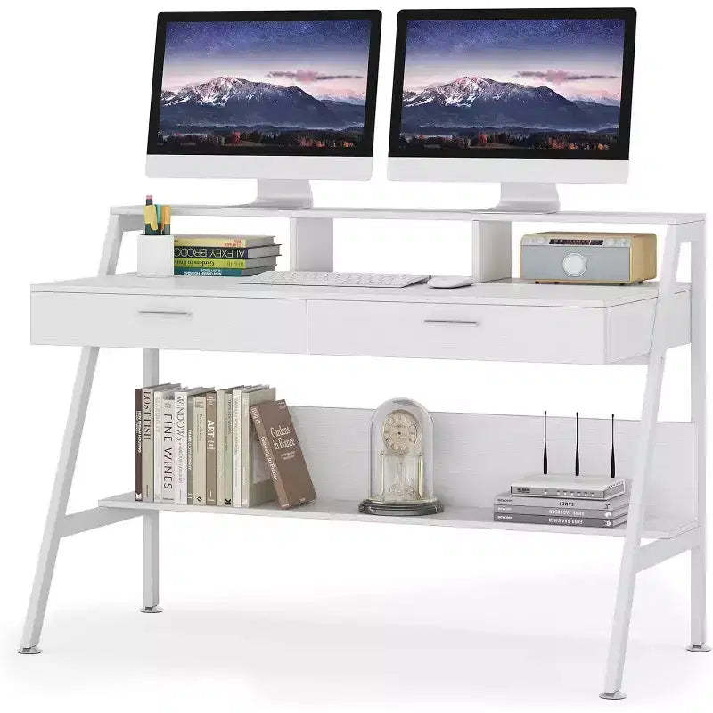 Lantine Modern 47 Computer Desk with Storage Shelf & Drawers, Office Writing Desk Study Table with Monitor Stand Riser for Home Office