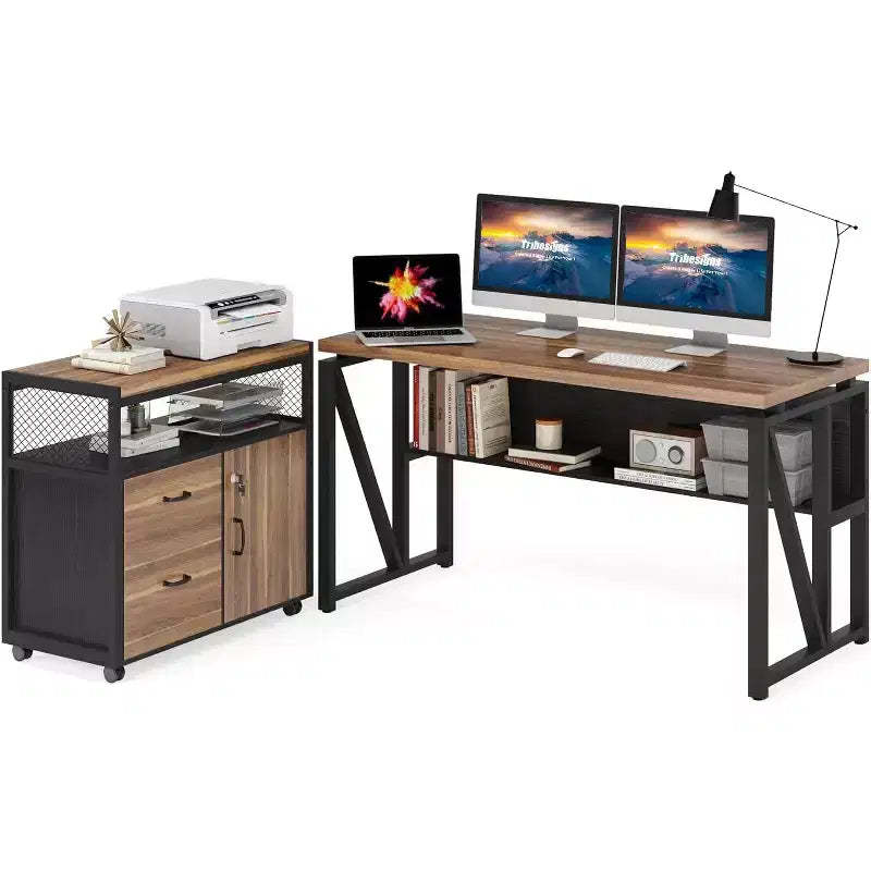 Lantine 55 inches L Shaped Computer Desk with Storage Shelves and Mobile File Cabinet, Executive Desk for Home Office Furniture Sets