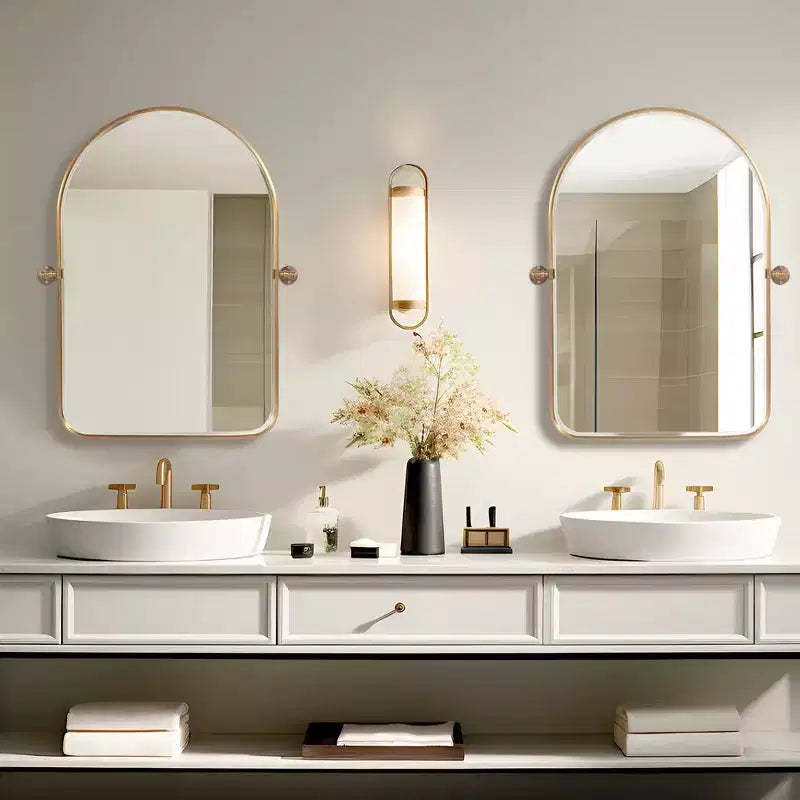 Dovelina Arched Metal Frame Pivot Decorative Wall Mirror with Rounded Corners Frame 36x24(Set of 2)-Gold