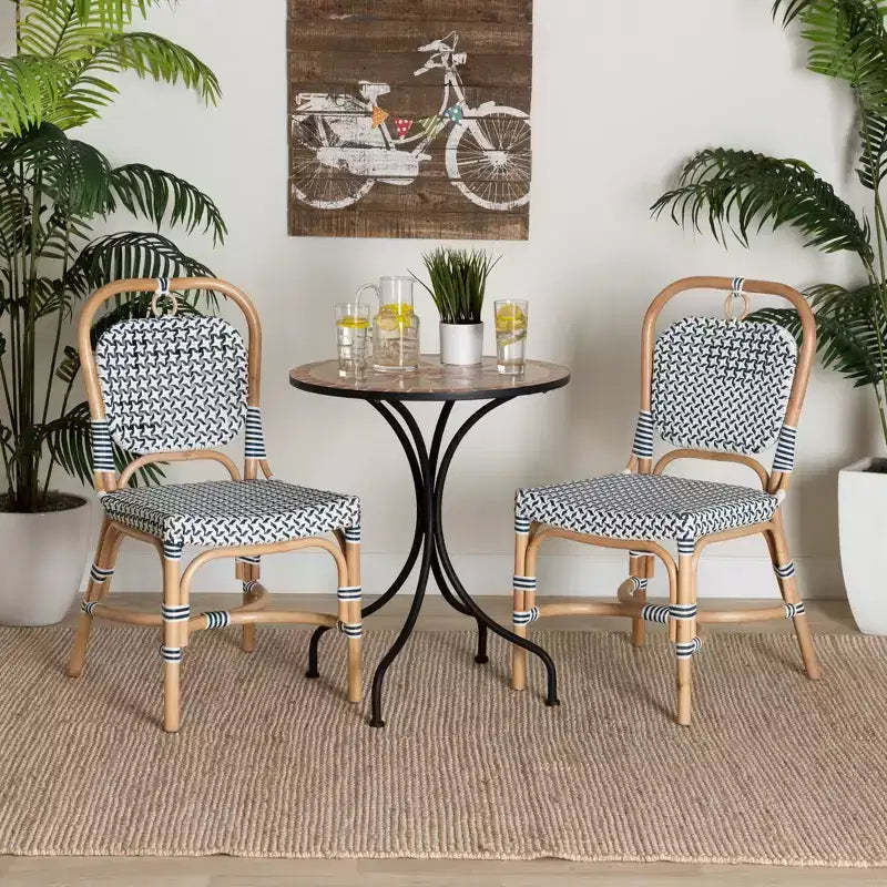 bali & pari Luciana Modern French Blue and White Weaving Natural Rattan Bistro Chair