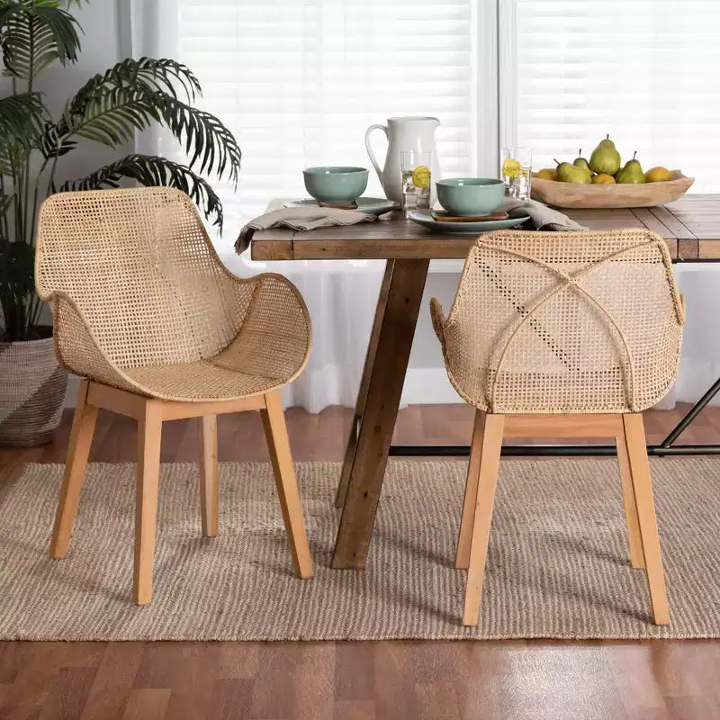bali & pari Ballerina Japandi Natural Brown Finished Mahogany Wood and Rattan 2-Piece Dining Chair Set