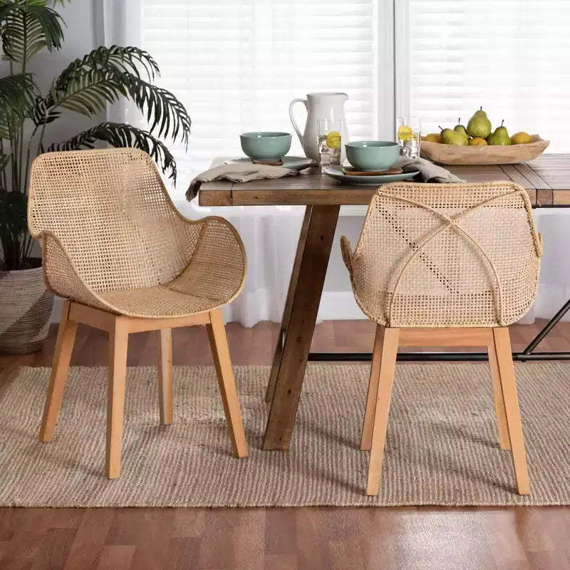 bali & pari Ballerina Japandi Natural Brown Finished Mahogany Wood and Rattan 2-Piece Dining Chair Set