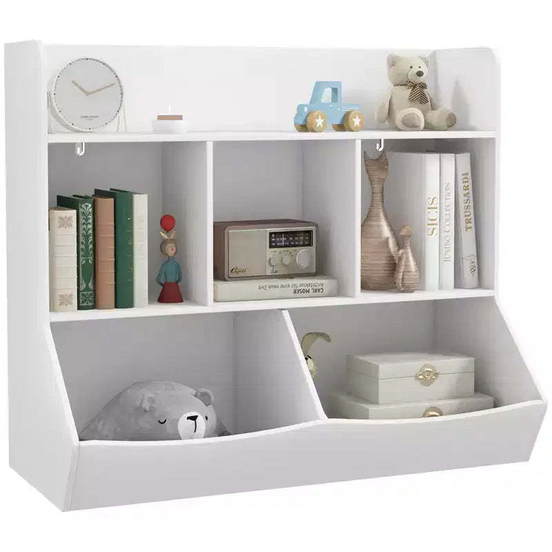 Qaba Kids Toy Shelf, 3 Tier Kids Bookcase with 5 Compartments, Anti-Tip Device, Toy Organizer for Nursery, Living Room, Playroom, Classroom, White