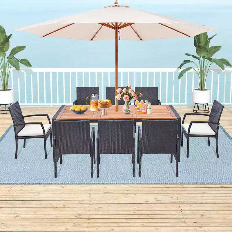 Costway 9 Pieces Patio Rattan Dining Set with Acacia Wood Table, 1.9 Umbrella Hole