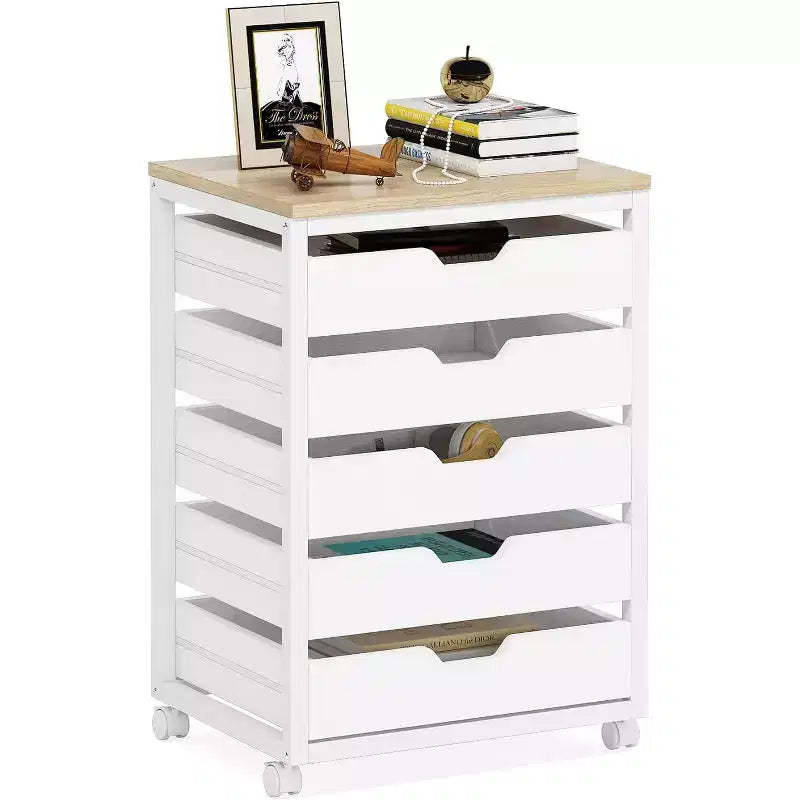Tribesigns 5-Drawer Chest of Storage Cabinet, Wood Storage Cabinet with Wheels