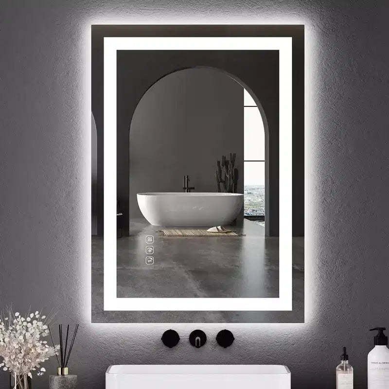 Whizmax LED Bathroom Mirror Wall-Mounted Vanity Mirrors Stepless Dimmable Wall Mirrors with Anti-Fog, Backlit + Front Lit, Tempered Glass