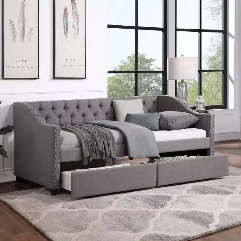 Twin Size Upholstered Daybed Sofa Bed with 2 Drawers, Gray -ModernLuxe