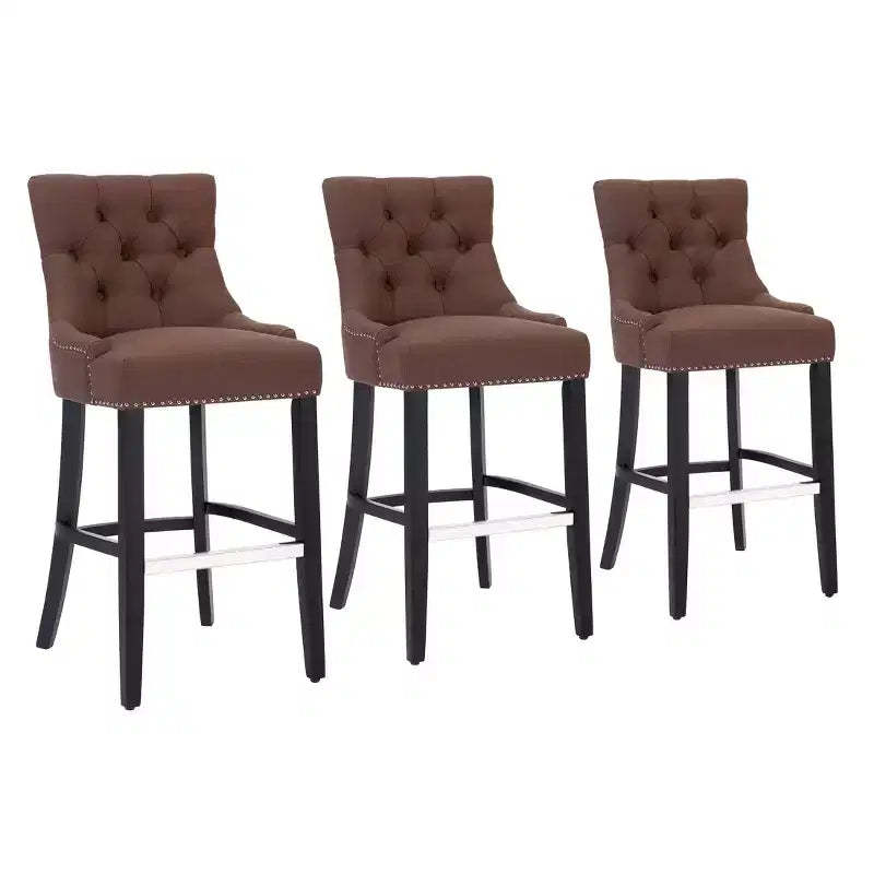 WestinTrends 29 Linen Tufted Buttons Upholstered Wingback Bar Stool (Set of 3), Brown