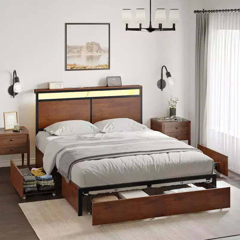 Hausource Modern Bed Frame with LED Headboard, 4 Storage Drawers, No Box Spring Needed