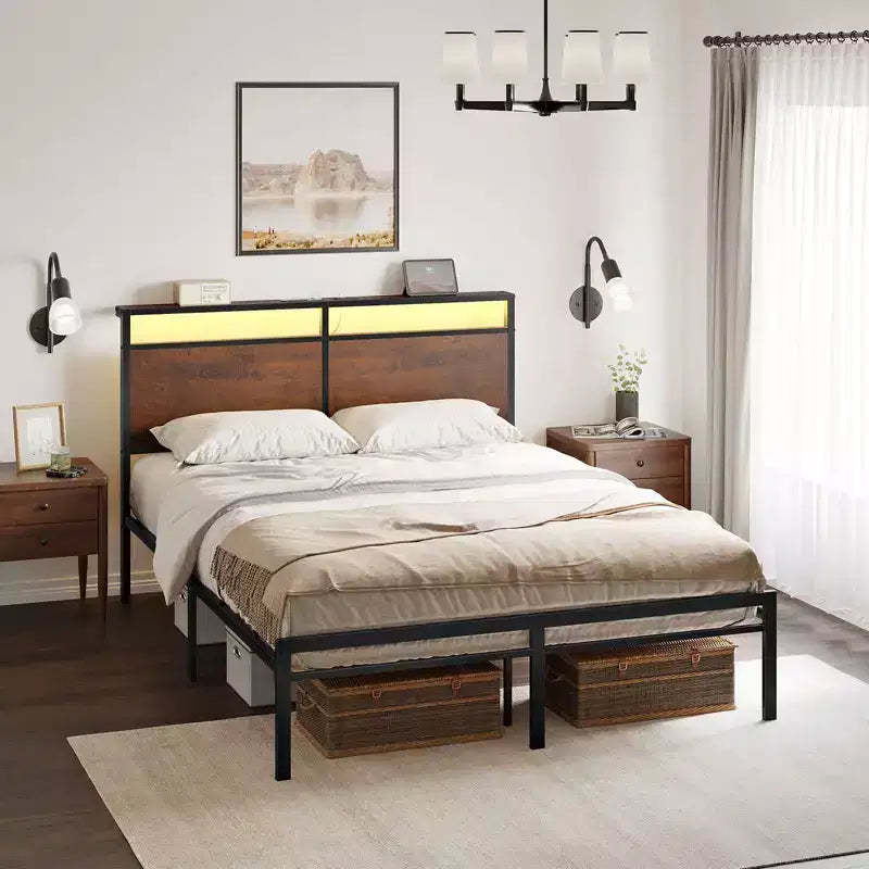 Hausource Vintage Bed Frame with Storage LED Headboard, No Box Spring Needed