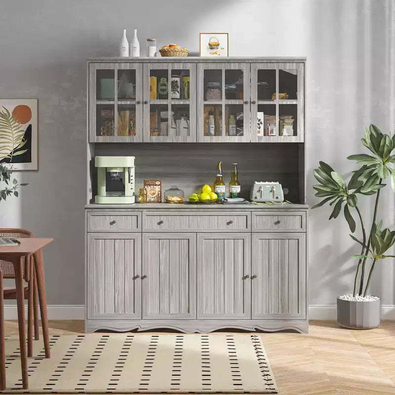 Famapy 61.2W Gray Storage Cabinet Buffet Hutch Kitchen Pantry Cabinet with Ornate Base Trim: Blend of Elegance and Utility