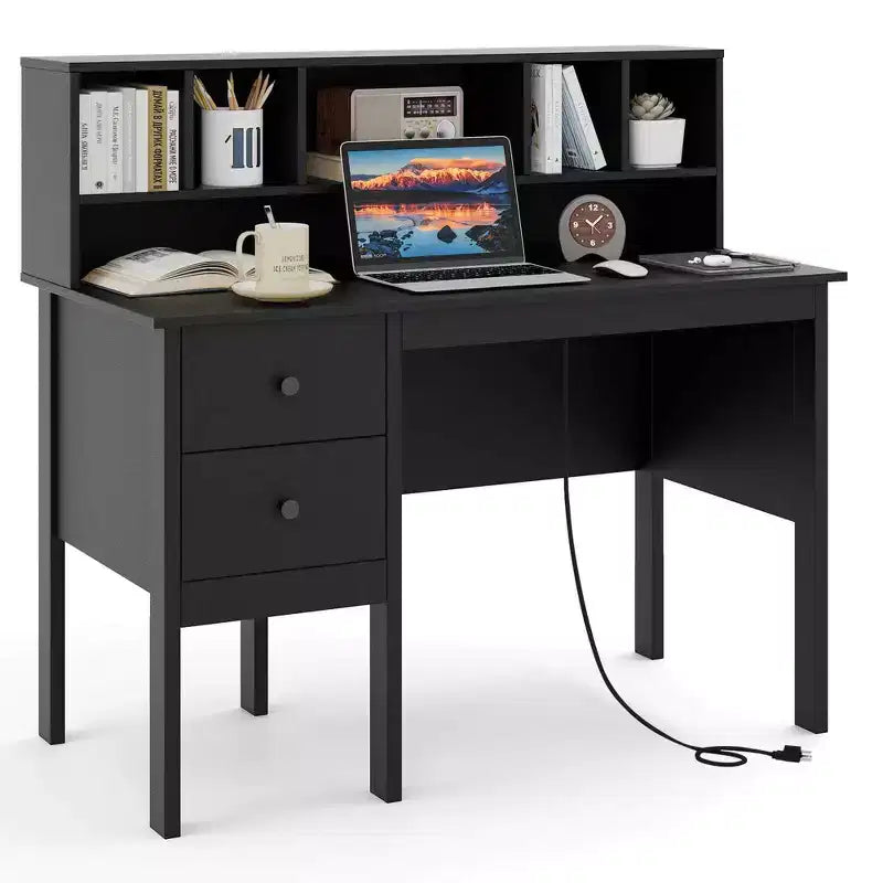 Costway 48 Computer Desk with Power Outlets Type-C 5-Cubby Hutch & 2 Storage Drawers Black/White