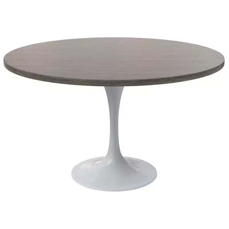 LeisureMod Verve Mid-Century Modern Table with a 48 Round MDF Tabletop and White Steel Pedestal Base for Kitchen and Dining Room in Dark Maple