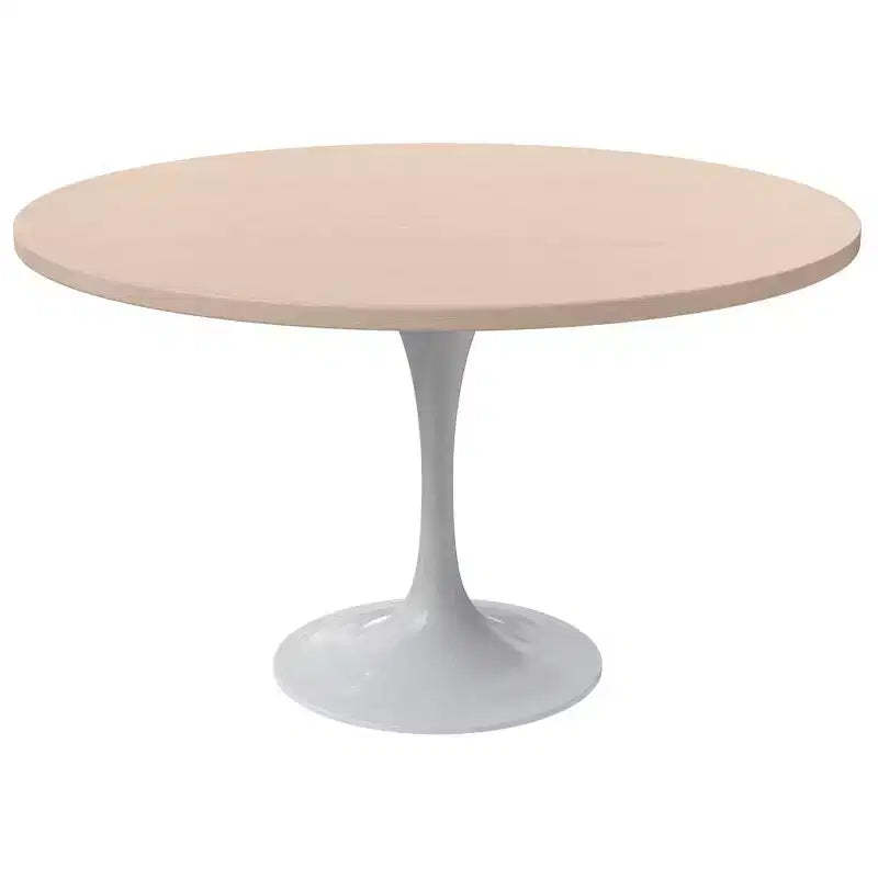 LeisureMod Verve Mid-Century Modern Table with a 48 Round MDF Tabletop and White Steel Pedestal Base for Kitchen and Dining Room in Light Natural