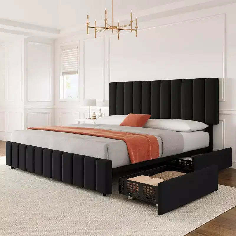 Whizmax Queen Size Bed Frame with Adjustable Headboard and 4 Storage Drawers, Linen Upholstered Platform Bed Frame, No Box Spring Needed