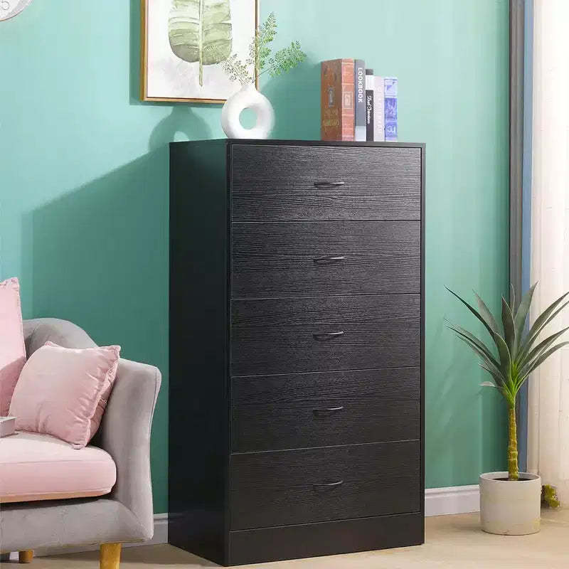 Tall 5 Drawer Dresser for Bedroom 49.4 Inch Chest of Drawers MDF Wood Black Finish