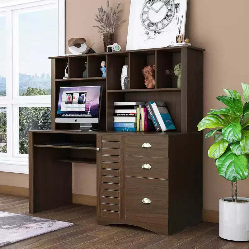Home Office Desk Computer Desk with Hutch, Writing Desk Workstation with Drawers 4W - ModernLuxe