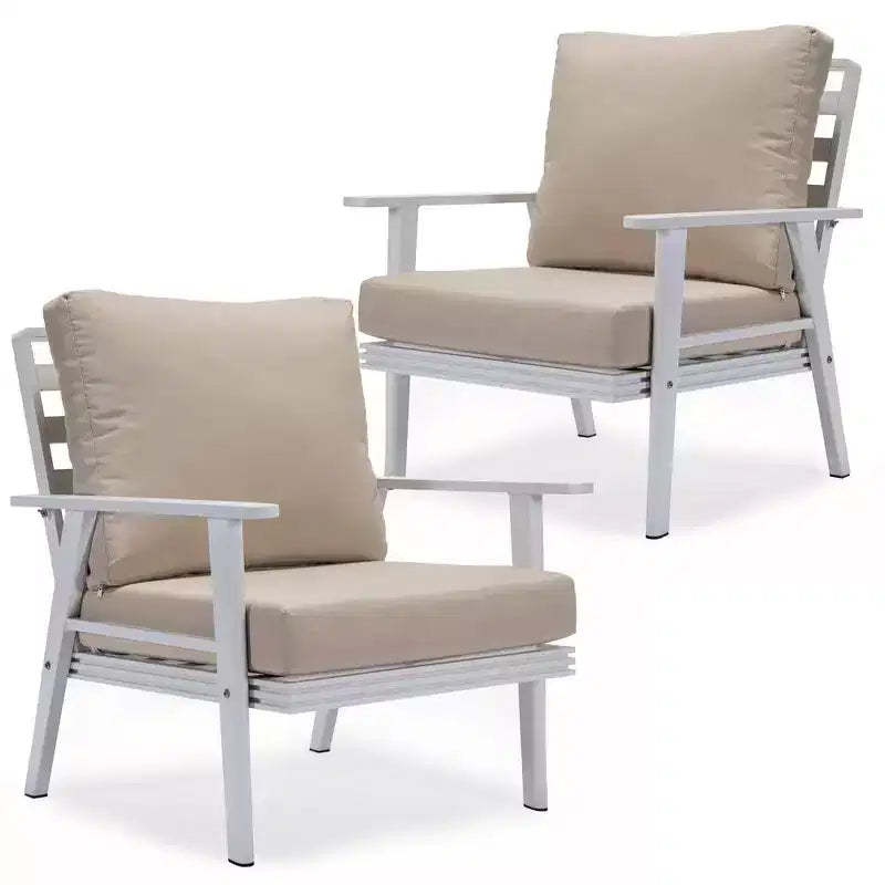 LeisureMod Walbrooke Modern Outdoor Armchairs - Set of 2 Rust-Proof White Aluminum Patio Chairs with Wide Armrests and All-Weather Design