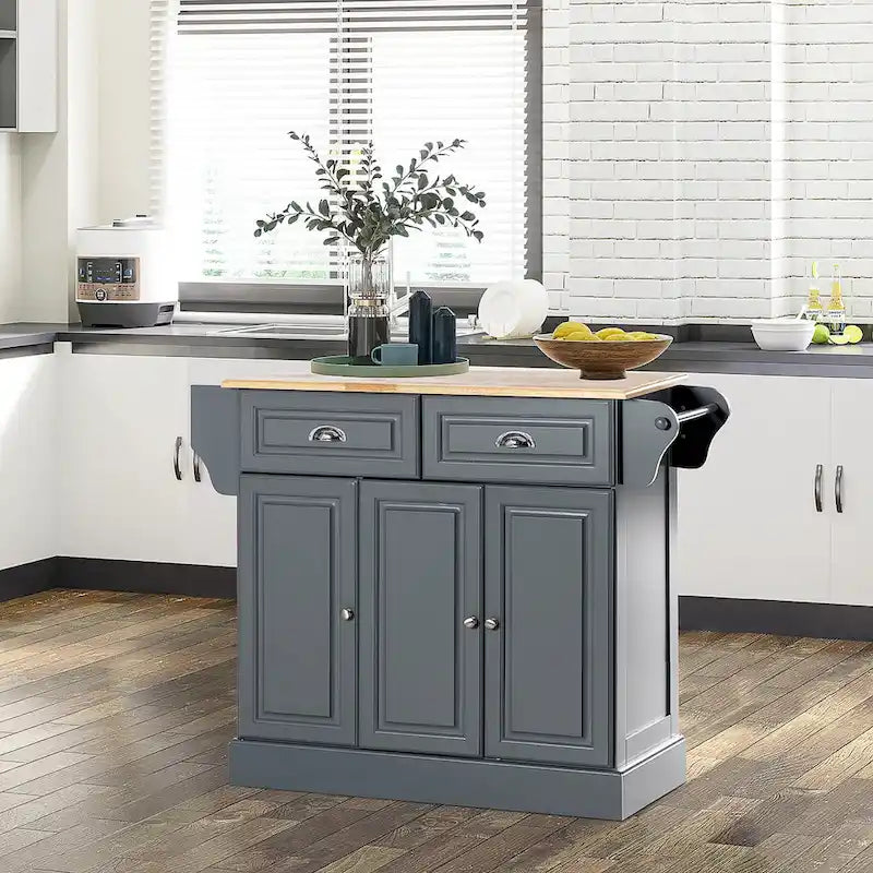Kitchen Island with Storage, Rolling Kitchen Serving Cart with Rubber Wood Top, Storage Drawer and Cabinet
