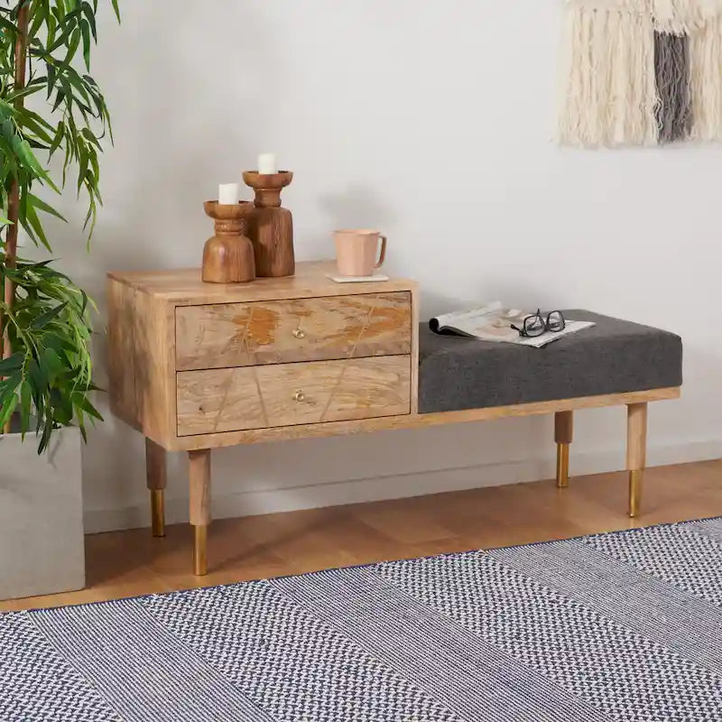 SAFAVIEH Tempie Modern 2-Drawer Cushioned Seated Bench - 43 In. W x 15 In. D x 21 In. H - 43Wx15Dx21H