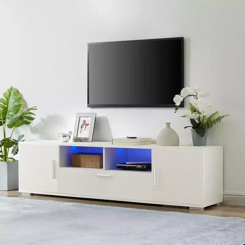 62.99 Stylish TV Stand with LED Light Belt, Open Cells and Metal Handle, Media Entertainment Center for 69 TV 4W - ModernLuxe