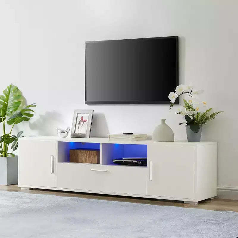 62.99 Stylish TV Stand with LED Light Belt, Open Cells and Metal Handle, Media Entertainment Center for 69 TV 4W - ModernLuxe