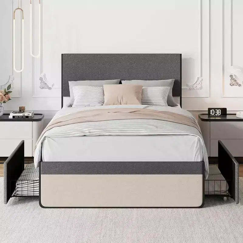 WhizMax Full Size Bed Frame with 2 Storage Drawers, Upholstered Platform Bed with Headboard and Footboard, Mattress Foundation, Steel Slats Support