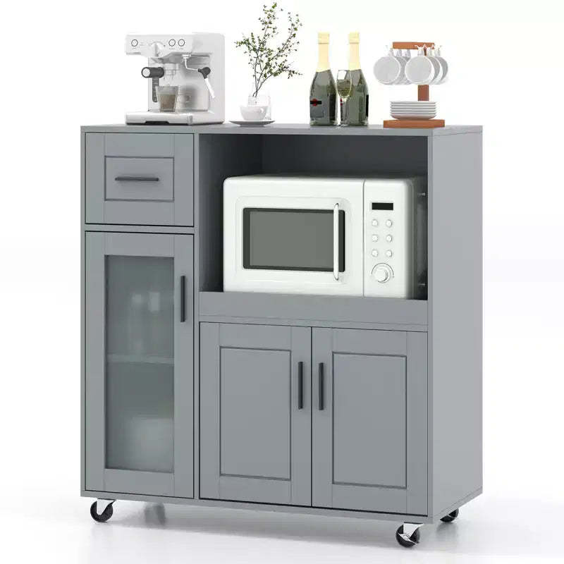 Costway Rolling Kitchen Island with Wheels Kitchen Cartwith Drawer and Glass Door Cabinet
