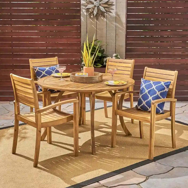 Wells Outdoor 4-Seater Round Acacia Wood Dining Set by Christopher Knight Home