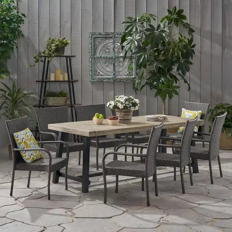 Jefferson Outdoor 8 Seater Wood and Wicker Dining Set by Christopher Knight Home