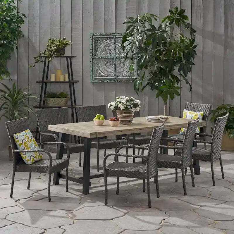 Jefferson Outdoor 8 Seater Wood and Wicker Dining Set by Christopher Knight Home