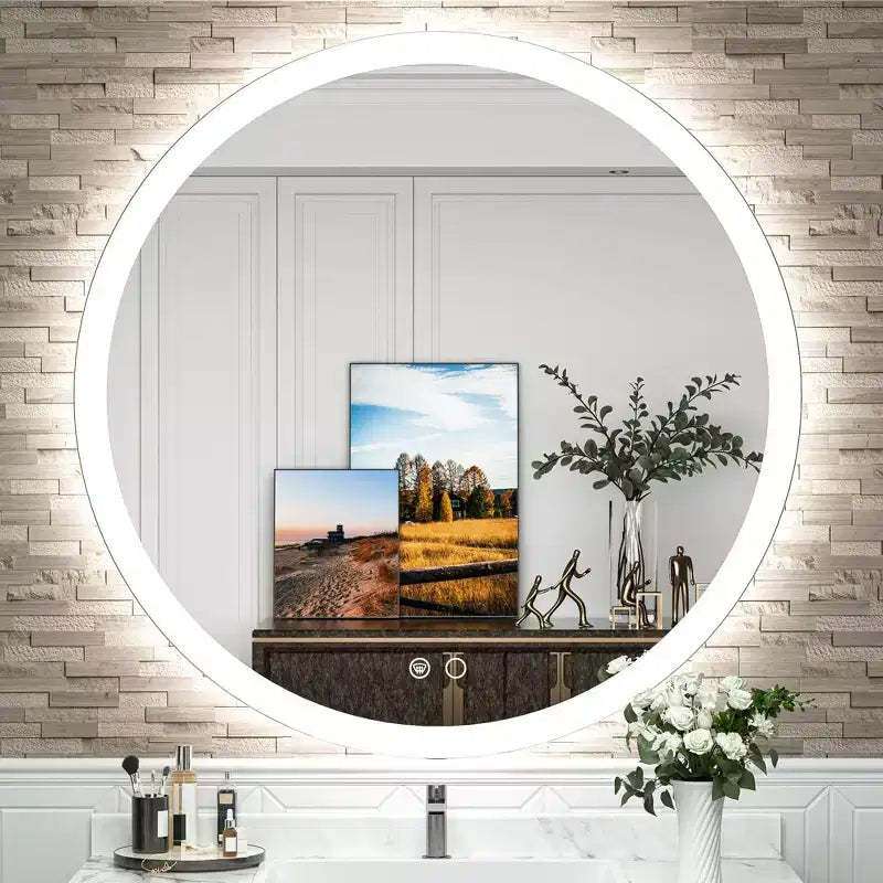 Keonjinn LED Round Front Light Bathroom Vanity Wall Mirror, 3 Color Temperatures Dimmable, Anti-Fog