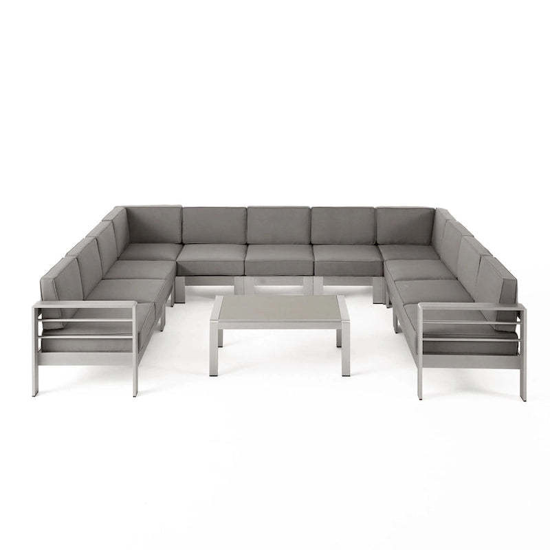 Cape Coral Outdoor 11 Seater Aluminum U-Shaped Sofa Sectional and Table Set by Christopher Knight Home