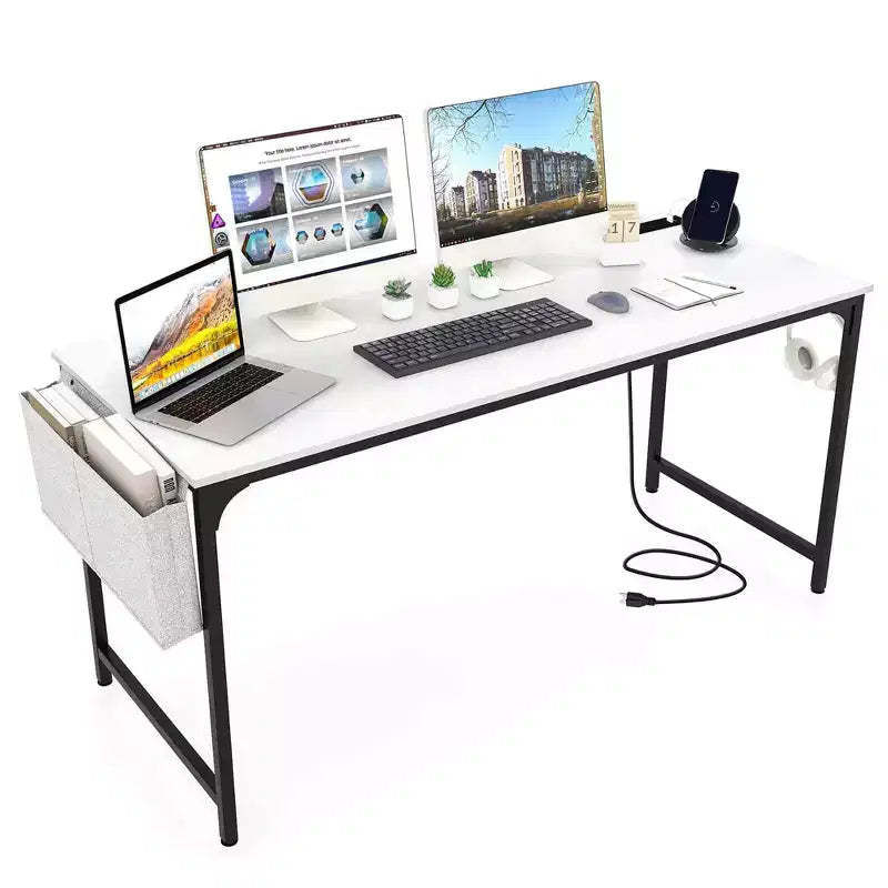 Costway 60 Modern Computer Desk with Charging Station with Storage Bag & Headphone Hook White