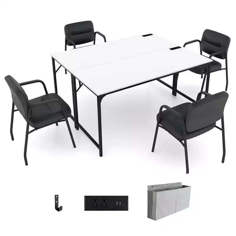 Costway Set of 2/4/6 Meeting Room Desk with Charging Station & Headphone Hook Metal Frame White